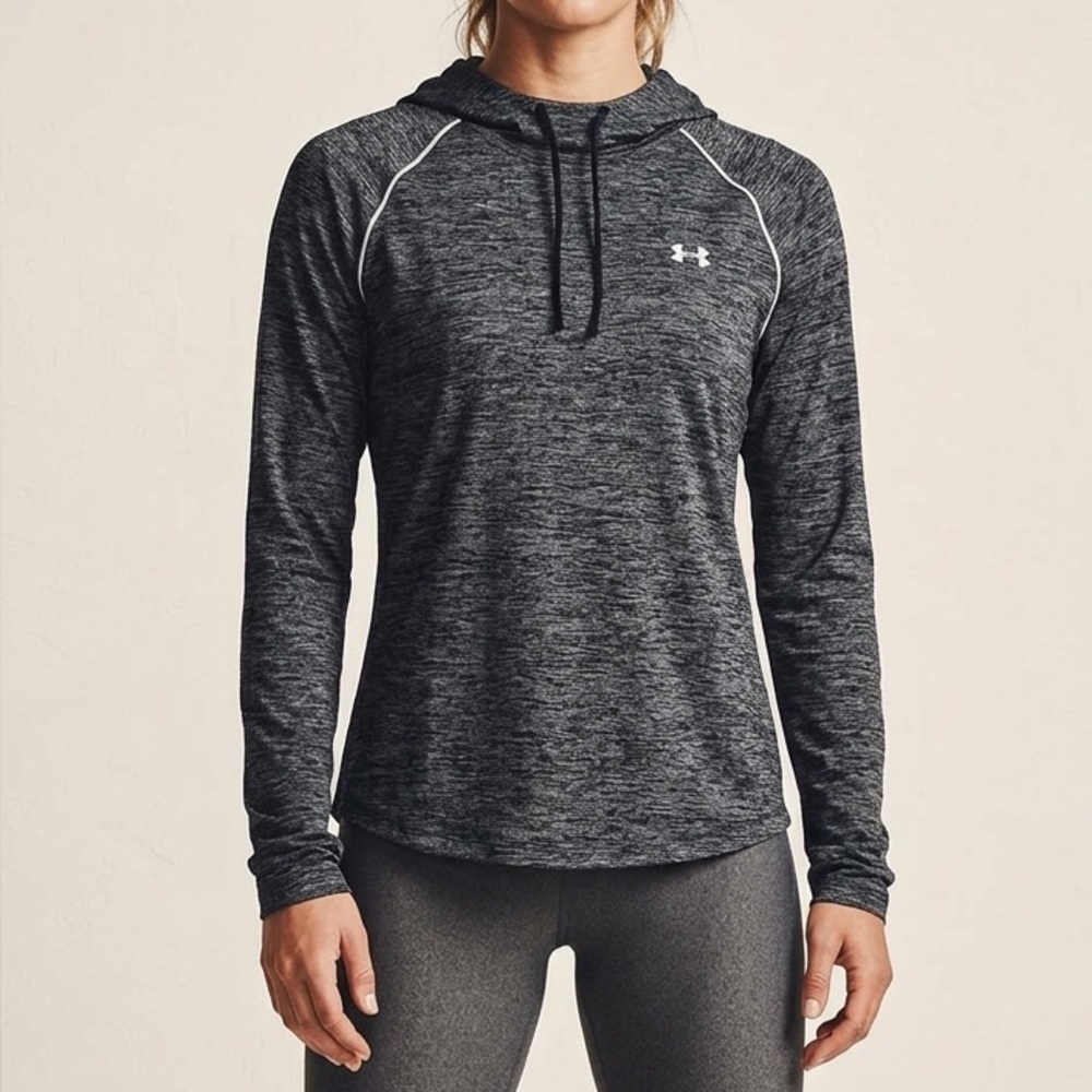 UNDER ARMOUR Black and Gray Heather Hooded Performance Top. Size XL
